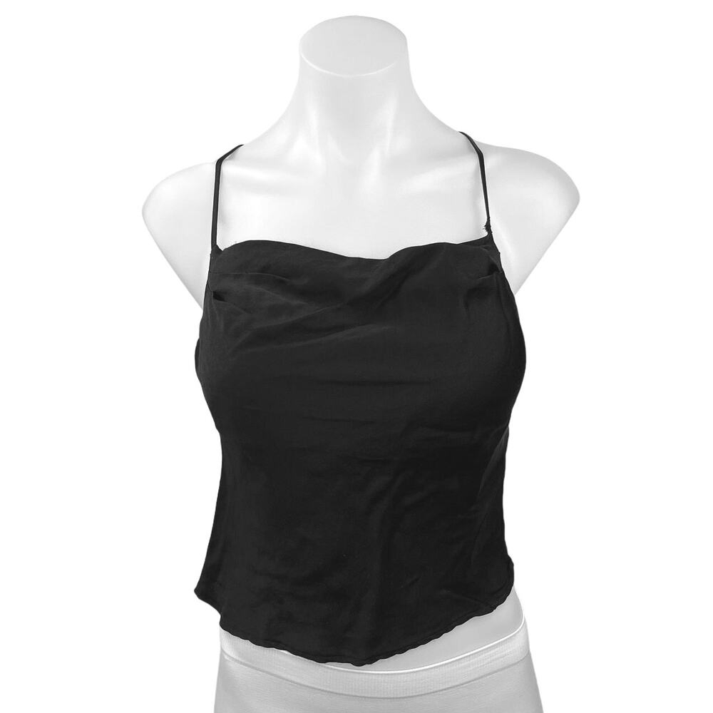 Zara Black Silky Satin Spaghetti Strap Cowl Neck Camisole Crop Tank Top Size S